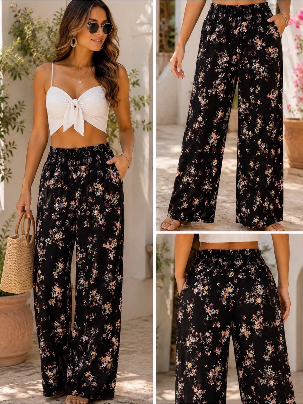 💐Floral Wide-Leg Black Palazzo Pants